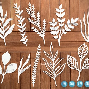 May include: Set of ten white paper cut-out floral designs, including leaves, branches, and flowers. The designs are arranged on a woodgrain background. The text "SVG PNG EPS PDF" is visible at the bottom of the image.