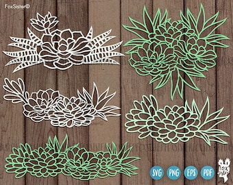 May include: A collection of succulent plant designs in white and light green, presented as cut-out illustrations. The designs vary in shape and size, with detailed leaf and petal patterns. The background is a wooden surface.