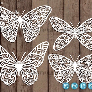 Vlinder Svg-bundel Set 3 vector Papercut-sjabloon, Mandala Butterfy Svg, Butterfly Cut-bestand, Png-snijbestanden voor Cricut en Silhouette