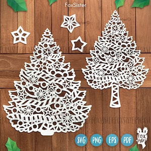 Arbre de Noël svg pour fichiers Cricut Silhouette Glowforge, FoxSister, clipart vectoriel arbre de Noël décoré, clipart pin, étoiles svg