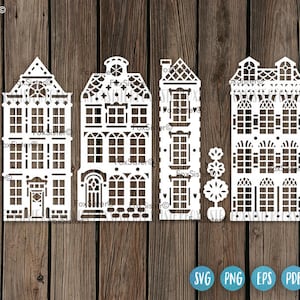 Plantillas SVG de 4 casas, archivo de corte de construcción, SVG de Ámsterdam, SVG de casa holandesa, SVG de casa, SVG de casa, Cricut, Silhouette Studio