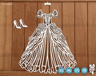 Plik do cięcia svg sukienki księżniczki dla Cricut i Silhouette, przyjęcie księżniczki svg, sukienka królowej svg, suknia księżniczki svg, suknia ślubna svg, panna młoda svg