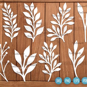 Paquete de hojas Svg, archivo Svg de hojas, 8 diseños, conjunto de 3, archivo de corte Svg de ramas, elementos de corona Svg, plantas Svg, vector, clip art, Cricut, silueta