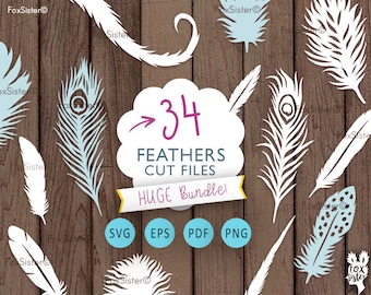 34 Feathers SVG Bundle! Cut File Templates | Feather | Feather vector | feather silhouette | svg cut files | Paper & vinyl | Cricut | Cameo