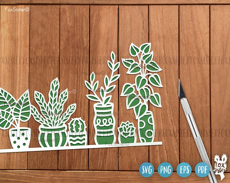 May include: A digital cut file design featuring six potted plants with different leaf shapes and patterns. The plants are in white pots with green, black, and white patterns. The design is perfect for creating home decor, cards, and other crafts.