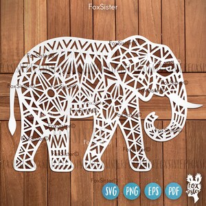 May include: White geometric elephant silhouette with a detailed pattern of triangles and circles. The design is perfect for cutting with a Cricut or Silhouette machine.