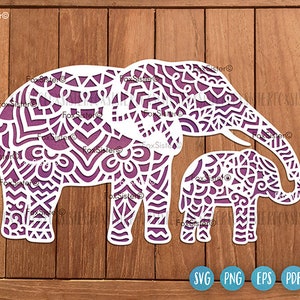 May include: A white silhouette of two elephants with intricate mandala patterns. The larger elephant is standing with its trunk raised, and the smaller elephant is standing behind it. Both elephants are outlined in purple.