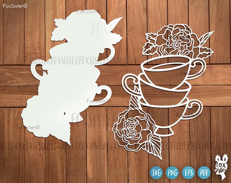 May include: White silhouette of three stacked teacups with floral designs, on a wooden background. The teacups are decorated with flowers and leaves.