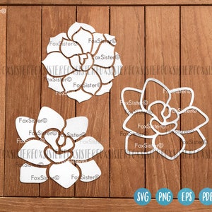 May include: Three white cutout designs of succulent plants on a wood background. The designs are for crafting and can be used for making cards, home decor, or other projects.