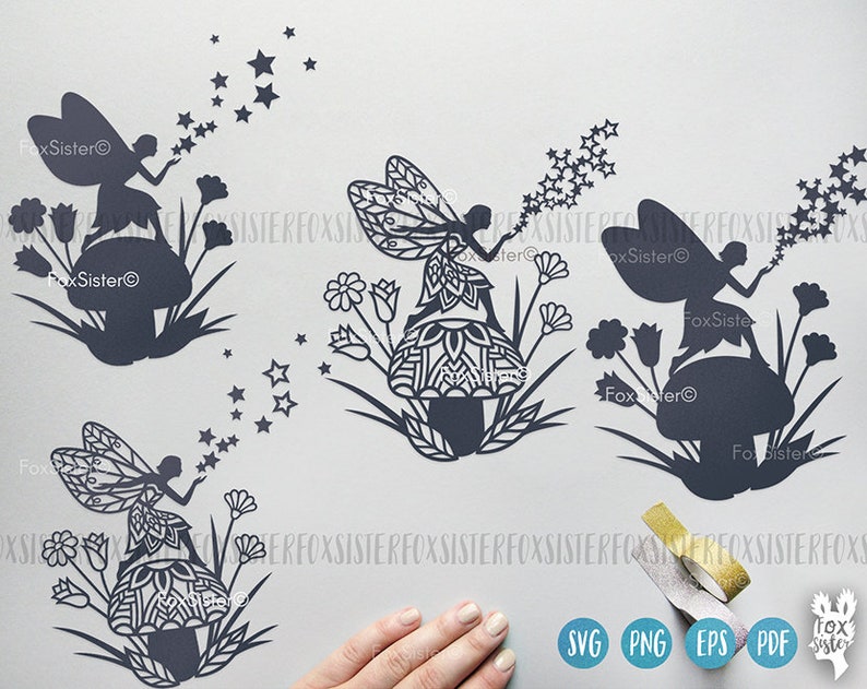 May include: Three black silhouette designs of fairies blowing stars. Each fairy is sitting on a mushroom with intricate details. The designs are perfect for crafting and decorating.