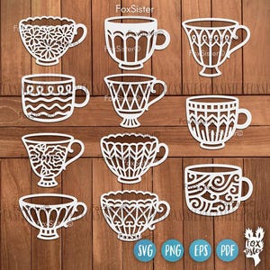 Conception de lot de tasses à thé svg pour Cricut Silhouette Glowforge et autres machines de découpe laser, svg de tasse de thé cottage core, tasse à café svg, svg de thé de cuisine