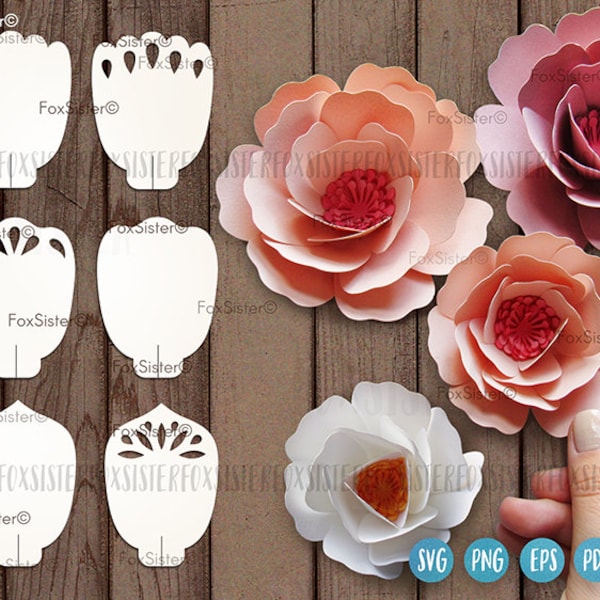 6 papieren bloem Svg-sjablonen in een bundel voor 3D-bloemen, bloemblaadjes Svg, DIY papieren bloemen, digitale Svg Png-bestanden voor Cricut, silhouet