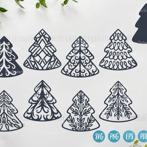 May include: Set of eight black and white Christmas tree SVG cut files. The trees are decorated with various patterns, including swirls, geometric shapes, and leaves.