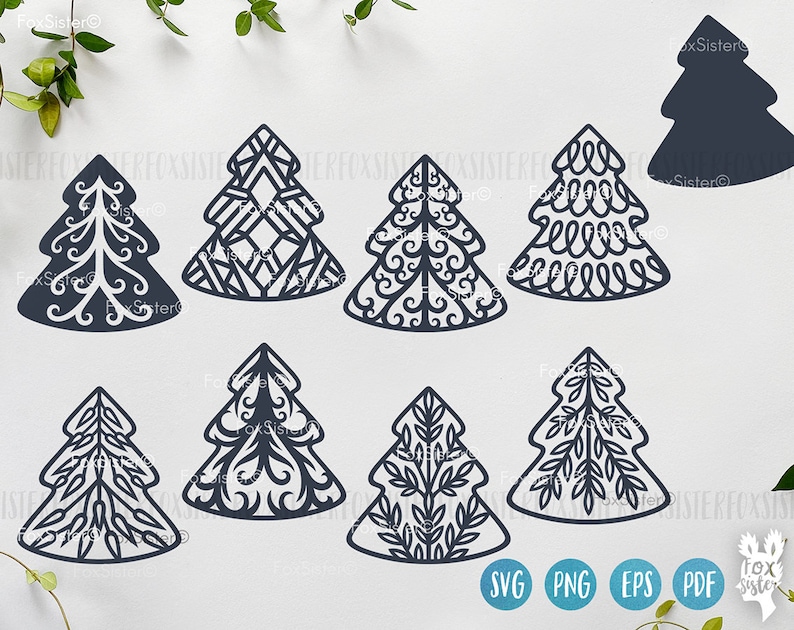 May include: Set of eight black and white Christmas tree SVG cut files. The trees are decorated with various patterns, including swirls, geometric shapes, and leaves.