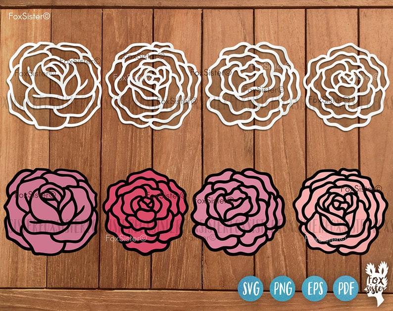 May include: Set of eight digital cut files featuring rose flower designs. Four designs are in white and four are in pink. The designs are perfect for crafting projects like card making, scrapbooking, and home decor.