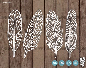 Plantillas de archivo de corte SVG de Boho Feathers Pluma tribal ? Vector de pluma ? corazones, silueta ? archivos de corte svg ? Papel & vinilos ? Cricut Cameo