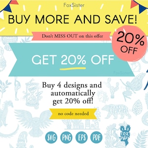 May include: A yellow and blue graphic with the text "BUY MORE AND SAVE!" and "GET 20% OFF". The graphic also includes a pink circle with the text "20% OFF" and an arrow pointing to the right. The graphic is surrounded by a pattern of blue and white illustrations of various designs.