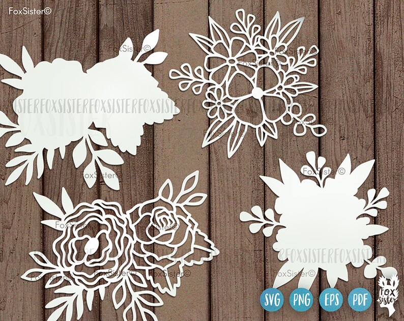Op de afbeelding: Vier witte bloemmotieven met ingewikkelde details, perfect voor knutselen of scrapbooking. De motieven bevatten verschillende bloemvormen en bladeren, wat een delicate en elegante uitstraling cre&euml;ert.