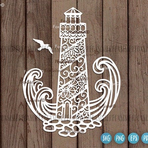 Faro in riva al mare e gabbiano in volo Svg design, Faro Svg vettoriale Cut File, Oceano Svg, Png Cutting Svg file per Cricut Silhouette