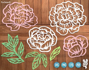 SVG-bloemen, pioenrozen svg-bundel, 7 papercut-sjablonen, bloemen gesneden bestand, bruiloft svg, blad svg-sjabloon, planten svg, Cricut, silhouet
