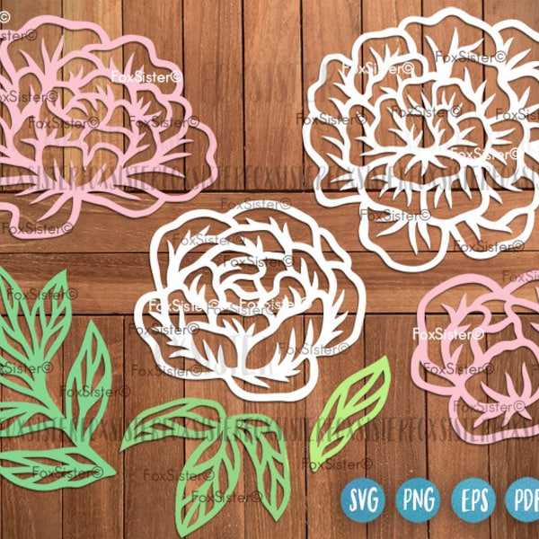 SVG Flowers, Peonies svg Bundle, 7 Papercut Templates, Floral cut file, Wedding svg, Leaf svg template, Plants svg, Cricut, Silhouette