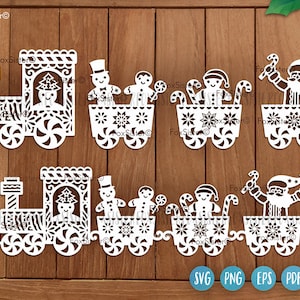 Paquete de Svg de tren, Svg de juguete navideño, Svg de adorno de árbol de Navidad, Svg de hombre de jengibre, Svg de Papá Noel, Clipart vectorial, Png, Silhouette Cricut