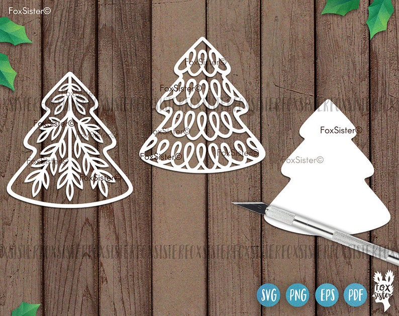 May include: Three white paper cut-out Christmas tree designs. The first tree has a simple, elegant design with a single trunk and branches. The second tree has a more intricate design with a series of loops and swirls. The third tree is a simple outline of a Christmas tree.