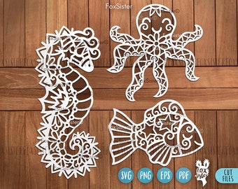 Sea animals svg for Cricut Silhouette Glowforge and other, fish svg, fish clipart, octopus svg, seahorse svg, ocean svg clipart, kids wall