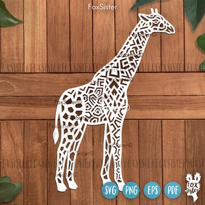 May include: White silhouette of a giraffe with a geometric pattern on a wood background. The giraffe is facing right and has a long neck and legs. The image includes the text "SVG PNG EPS PDF CUT FILES".
