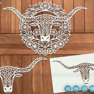 May include: White cutout design of a longhorn steer head with floral details. The design is available in SVG, PNG, EPS, and PDF formats.
