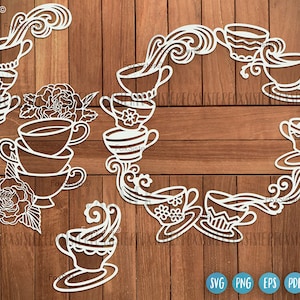 Lot svg thé, cadre monogramme Tea time, lot Svg tasses à thé, fichier coupe tasses à thé, clipart thé, lot svg café, boisson chaude svg, tasses florales