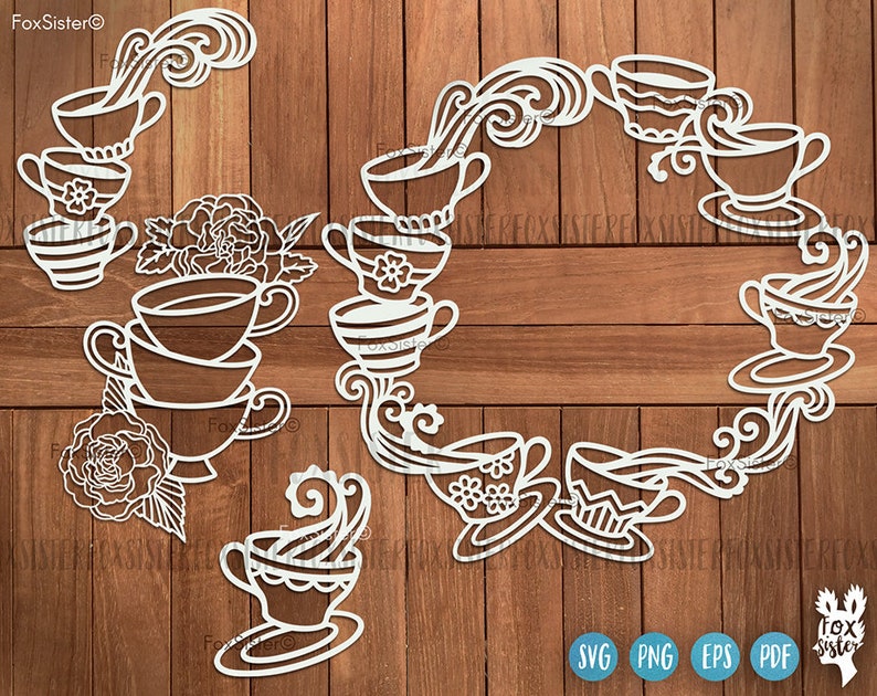 May include: White silhouette design of a teacup and teapot with swirling steam, flowers, and leaves. The design is perfect for creating a tea-themed craft project.