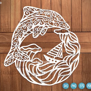 Modèle de fichier Ocean Adventure Svg Cut, dauphin Svg, bateau mer Svg, vague Svg, poisson Svg, conception de vecteur de saut de dauphin pour Cricut, Silhouette