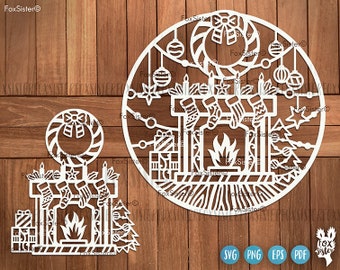 Fireplace Svg Cutting file Set1, Fireplace Winter Svg, Christmas Clipart, Presents Svg, Xmas Gift Svg, Gift Sock Svg, Cricut and Silhouette