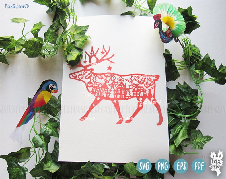 Animal village Paper Cut file winter svg |deer antlers Reindeer Christmas Deer present for Cricut Deer svg Papercut Template
