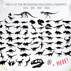 K&ouml;nnte beinhalten: Eine Sammlung von 80 schwarzen Dinosauriersilhouetten in verschiedenen Posen, darunter Skelette, K&ouml;pfe und Fu&szlig;abdr&uuml;cke. Der Text "EACH OF THE 80 DESIGNS INCLUDES 4 FORMATS: SVG EPS PDF PNG" befindet sich oben im Bild.