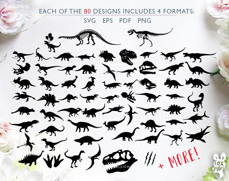 K&ouml;nnte beinhalten: Eine Sammlung von 80 schwarzen Dinosauriersilhouetten in verschiedenen Posen, darunter Skelette, K&ouml;pfe und Fu&szlig;abdr&uuml;cke. Der Text "EACH OF THE 80 DESIGNS INCLUDES 4 FORMATS: SVG EPS PDF PNG" befindet sich oben im Bild.