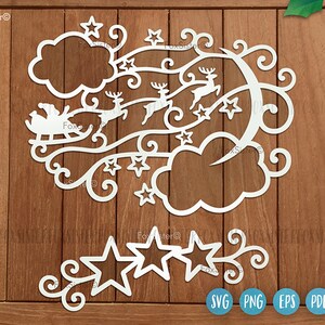 Weihnachten Santa Schlitten svg für Cricut und Silhouette, FoxSister, Weihnachten svg, Santa svg, fliegende Rentiere svg, Nachthimmel svg, Mond svg