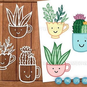 Happy Plants Svg Cutting File voor Cricut en Silhouet, Planten Vector Clipart, Cute Plants Svg, Cactus Svg, Cups svg, Succulent Svg Png