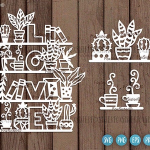 Suculentas de amor Svg, suculentas en un estante Svg, plantillas de Papercut svg de plantas, Svg de naturaleza, calcomanía de cactus, archivo de corte de planta para Cricut