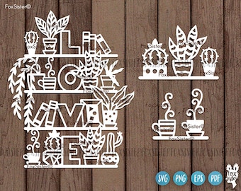 May include: White silhouette cut file design of a bookshelf with books, plants, and coffee cups. The design includes the text "MIVEL" and the words "FoxSister" repeated throughout.