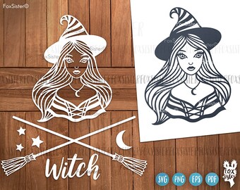 魔女 SVG、ハロウィン魔女 SVG、ハロウィン クリップアート、トリック オア トリート SVG PNG、美しい魔女 SVG、Cricut および Silhouette 用の魔法 SVG ファイル