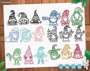 May include: A collection of whimsical gnome illustrations in various colors and styles. Each gnome features a unique hat and beard design, some holding objects like a mug, tree, or candy cane. The image includes SVG, PNG, EPS, and PDF file type icons.