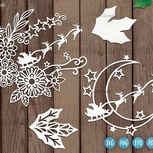 Santa sleigh svg for Cricut and Silhouette, Christmas svg, Christmas svg files, Santa svg, flying reindeer svg, Floral svg, moon svg