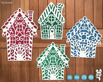 4 Christmas Gingerbread Houses Svg Bundle, Christmas Vector Cut File Clipart, FoxSister digital designs, Cricut and Silhouette templates