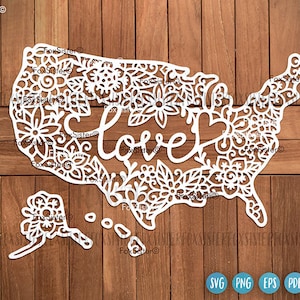 Floral USA map Svg, States Svg, America map Svg cut file, American map Svg, Flowers Love Svg Png Cutting files for Cricut and Silhouette