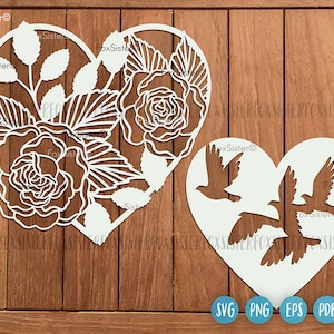 Coeur floral SVG, Coeur SVG, Fleurs SVG design, Oiseaux SVG, Coeur Clipart, Floral design SVG, Coeur Coupe Fichier, Fichier Cricut, Fichier Silhouette