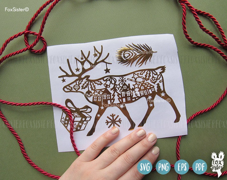 Animal village Paper Cut file winter svg |deer antlers Reindeer Christmas Deer present for Cricut Deer svg Papercut Template