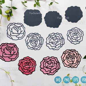 May include: A set of 10 digital cut files featuring a variety of carnation flower designs. The designs include pink, red, and white carnations with black outlines. The files are available in SVG, PNG, EPS, and PDF formats.
