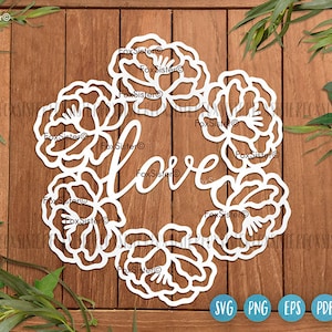 Love Svg, Love Valentines Day Clipart, Love Png Round template, Flowers Svg, Word Love Vector Silhouette Svg Files for Cricut and Silhouette